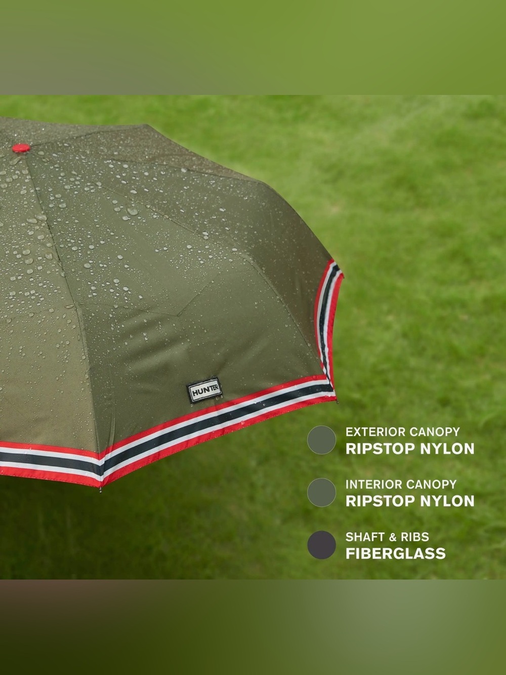 Hunter Signature Stripe Compact Umbrella Cypress w/Red stripe - Picture 3 of 10